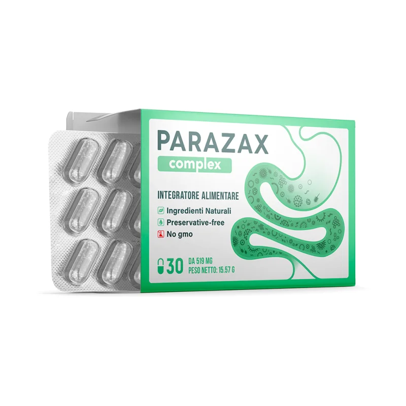 Parazax — confezione e blister con le capsule dell'integratore per il comfort digestivo